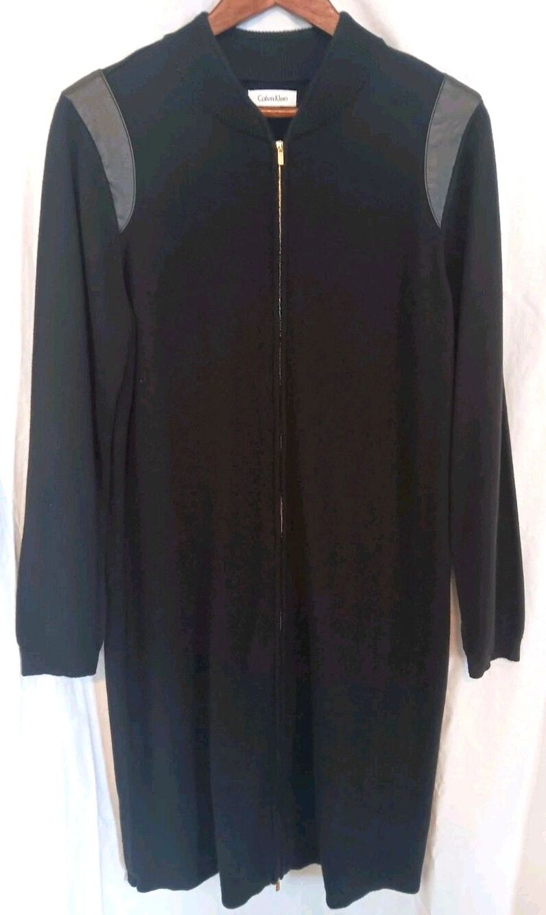 Calvin Klein 1X Black Long Cardigan Two Way Zip Faux Leather Shoulder Trim